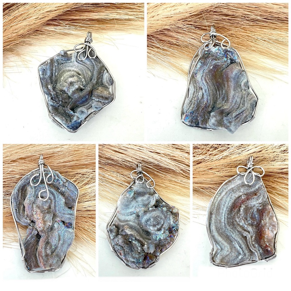NATURAL DRUZY 5pc Handmade Wire Wrapped Multi Shimmer Color Necklace Pendents